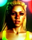 Placeholder: portrait, Shakira, blonde artist, angry, Realistic image, boxing robe, hoodie, mouthguard, nose band aid, loose long hair, eyes make up, perfect, glow, circle iris. Rain, fog, Neon colors, leds, geometric shapes. Dark background, photo studio, neon lights. concept art, smooth, unreal engine 5, god lights, ray tracing, RTX, lumen lighting, ultra detail, volumetric lighting, 3d, finely drawn, high definition, 4k.