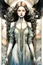 Placeholder: create a deeply evocative, and darkly magical full body ink wash and watercolor illustration of an epic fantasy raven maiden girl with highly detailed and deeply cut facial features, in the style of EDWARD BURNE-JONES, WILLIAM MORRIS, and KATHE KOLLWITZ combined with the comic art style of BILL SIENKIEWICZ and JEAN GIRAUD MOEBIUS, searing lines and forceful strokes, precisely drawn, inked, and colored