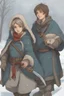 Placeholder: DnD style, two medieval peasant kids playing in the snow male and female, age 14 and 15, happy and playful, he has a short sword.