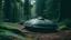 Placeholder: a bell-shaped ufo with a metal surface crashed and buried in the ground in the middle of the forest