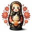 Placeholder: draw matryoshka dolls, the matryoshka is smiling, the kind sweet face of the matryoshka doll, behind the matryoshka Russian patterns in the style of Khokhloma, Khokhloma with gold and black flowers