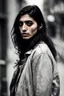 Placeholder: Masterpiece1:3), a captivating character portrait in the raw, visceral style irving penn, Of a modern arabic model with long hair, a feminine visionary standing amidst an urban dawn with resolute eyes wearing a / weathered leather jacket /. Emphasize street photography that captures the candid humanity and resilience of city life, bathed in the early morning's diffused light with Artistic Vision, (Sheer Artistry:1,5). Shot with a Leica M10, Ilford HP5 Plus, finest quality, 8k