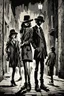 Placeholder: Design a detective book cover for teenagers. A teenage girl in the centre, one boy on her left, and one on her right are on the town street. Black cat at girl's legs. Banksy style, pop art style, dark mood