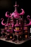 Placeholder: A blackish magenta demon chateau with chaotic fire designed in African pottery painted by Hashimoto Gaho