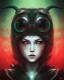 Placeholder: Comic book art style black lamb with red eyes, contrasting green meadow, cartoonist, digital portrait, dark fantasy, black iridescent skin, holographic, shiny, PVC texture, wet look, anime, gothic