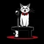 Placeholder: Ilustración vectorial de un gato antropomorfico hablando en un atril con micrófono, colores negro, blanco y rojo, fondo negro