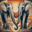 Placeholder: Art Deco Painting on Silk with Iridescent Texture: A captivating painting by Hannah Hoch, two elephants facing each other making a heart shape with their trunks, concept art, dramatic sunset, complex contrast, dynamic composition; masterpiece.