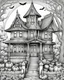 Placeholder: Halloween huanted house Coloring Book, adults cartoon coloring page, cartoon style, highly detailed clean line art, no background, white, black, coloring book, sketchbook, realistic sketch, free lines, on paper, character sheet, full high definition, very intricate.