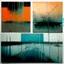 Placeholder: Minimal abstract oil paintings of a desolate 1960. Orange wires. On the floor are concrete fragments and road markings . In the dark mysterious style of Justin Mortimer and Francis Bacon. Triadic colours