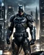 Placeholder: Create an image of a Batman in a highly detailed and advanced armored suit, similar to the one shown but with even more intricate designs and cool features. The armor should have a sleek, futuristic look with glowing elements and enhanced gadgets visible on the suit. The setting is at dusk in an urban environment, with the character standing on a high-rise building overlooking a cityscape that reflects the advanced technology of the world they are protecting.