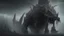 Placeholder: The described image presents an extremely horrifying scene with grayscale colors dominating the picture, creating a dark and eerie atmosphere. In this context, there is a massive, monstrous creature positioned prominently in the foreground of the image. This monster appears to be mythical and intensely frightening, characterized by its terrifying features and its colossal, imposing body that exudes immense power. When one looks at this monster, its face and eyes exhibit horrifying details, seem