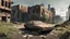 Placeholder: San Andreas game, Abandoned city: Ruined buildings, rusted car, overgrown streets, graffiti, animal tracks, shadow of an abandoned power plant, style: post-apocalyptic, lighting: twilight, color scheme: grey, green, rust, camera: 35mm, perspective: panoramic, detail: high