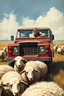 Placeholder: big (AUTOFARM) title at top ,landrover sheep, (((steampunk)))) man, working in field, style of australian painting from the 1970s, advertisment in 80s magazine high class, blues, reds