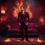 Placeholder: Hyper Realistic Handsome-Muscular-Man Wearing Maroon-&-Black-Velvet-Tuxedo in flame-patterned-vintage-wall with glowing-embers on the floor in a dark-room with fancy-couch-&-fancy-lamps-on-wall