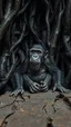 Placeholder: A gorilla in the background of black vein, human veins, mixing together a lot of them, like a forest, big and small veins a lot of them, an army a dead baby monkey sitting on an old broken table