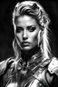 Placeholder: Generate an 16k image of a futuristic Hollywood superstar with android features, inspired by Luis Royo's art, wearing a metallic exosuit.In black and white,