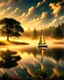 Placeholder: serene landscape of a peaceful lake at sunrise, with misty fog rising from the calm water, surrounded by lush green trees and vibrant flowers. A solo sailboat with a white sail billows in the gentle breeze in the distance. The warm sunlight casts a golden glow on the scene, with the sky transitioning from soft pink to gentle blue and feathery clouds. The trees are reflected perfectly in the still water, creating symmetry and balance. Evocative of a tranquil and harmonious m