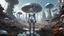 Placeholder: worms-eye view of a woman in a silver robotic catsuit standing in a futuristic derelict alien city with mushrooms with tentacles floating in the sky, Ian McQue