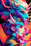 Placeholder: A dragon mixed with a mythical lion and a human female elf.Dramatic and powerful look and feel. Extensive attention to details. Bold lines. Vivid colors. 80s style retro anime art. Double exposure. cartoon style. cubism style