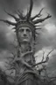 Placeholder: surrealis monochrome A fragmented, surreal the Statue of Liberty liguid color of photorealistic image 3d, psychedelic The tree appears pale with deep cracks and intricate details, evoking a haunting expression. Blackened tree branches intertwine with the gold mengkilat cracks, set against a backdrop of stormy, cloud-filled skies. bauhaus art The overall tone is dark and moody, suggesting themes of decay and transformation