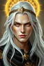 Placeholder: Aasimar Young Male with long White hair and golden eyes and who has many celestial golden runes on his face who is a Cleric for D&D 5e