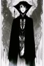 Placeholder: 17 year old boy, necromancer, friendly, looks dead, surrounded by weird smoke with eyes, wearing black robes, in the style of Harry Clarke