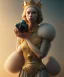 Placeholder: Statue of Queen of photography holding camera in hands. Cute blonde woman. Photographer in golden crown. Standing on the street. Big camera in her hand. hyperdetailed, photorealistic, trending on artstation, greg rutkowski, beksinski, kodachrome, volumetric lighting, gold and cyan