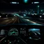 Placeholder: night time, a car dashboard lighting up, a dark road in the windscreen, with a beautiful city in the distance