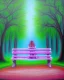 Placeholder: park mystical dream, park bench, man, woman, child, dog, trees, path, bird, sunshine, mystical, fantasy, romanticism, pastel colors, daylight, daytime, acrylic painting, detailed,