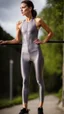 Placeholder: photography of a beautiful anorexic woman, grey satin triathlon top, brunette wavy pixie haircut, pronounced sternum, flat chest, grey satin cycling leggins