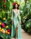 Placeholder: 📷🍓💃 length image full body sweet pose pretty woman super model wearing a beautiful high details natural beuty color unique casual costume made of full elements varieties tropical fruits,full of green leaves and variaties roses,orchids flowers jungles background