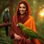 Placeholder: Hyper Realistic close-up-view of a Beautiful-Young-Happy-Pashto-Woman-with-beautiful-eyes-smiling-with-a-parrot, orange-dress-&-maroon-shawl & breeze-whirling in a jungle-with-tall-trees & cloudy-sunset-&-sun-rays showing dramatic & cinematic ambiance