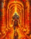 Placeholder: A frightening castle dungeon hallway with a skeleton warrior in rusty chainmail holding a burning torch painterly rpg art