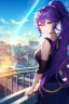 Placeholder: girl, masterpiece, best quality, cinematic lighting, detailed outfit, vibrant colors, perfect eyes, purple hair, long hair, green eyes, ponytail, messy hair, hair in between the eyes, sun, town, rooftop, light rays, lens flare,