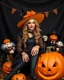 Placeholder: beautiful woman in unique custom fashion witch style Happy Halloween,sitting biggest pumpkin Halloween ,sorrounded by puppets Halloween