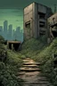 Placeholder: Bunker entrance on top of the ground, overgrown apocalyptic city background,comic art