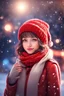 Placeholder: Painting of a cute girl in a red hat and scarf, pretty face, snowfall in the background, bright night, in front of space portal dimensional glittering device, bokeh like f/0.8, tilt-shift lens 8k, high detail, smooth render, down-light, unreal engine, prize winning