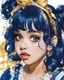 Placeholder: Singer Melanie Martinez face, poster in two gradually, painting by Yoji Shinkawa, a one side darkblue and other side gold tones,