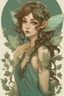 Placeholder: Forest fairy with iridesand teal wings and a cute short leaf dress and pointed ears and multiple vine earings and ear cuffs flying through a mythical forestand brown wavy hair