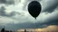 Placeholder: one bursts big black party balloon on sky, high realistic, storm, gloomy, surreal, little city, ruins, professional photo, cinematic, utopistic