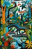 Placeholder: A black mysterious jungle with crocodiles designed in Oaxacan alebrijes painted by Stuart Davis