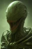 Placeholder: green alien, head, evil, red eyes, big silver teeth, weapons, blood, 8k, finely detailed, photo realistic, HR Giger style