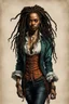 Placeholder: full body colored etching of a malevolent, predatory vampire buccaneer girl from the West Indies with highly detailed dreadlock hair and facial features ,in the style of Rembrandt, Gian Lorenzo Bernini, and Johannes Vermeer, with a fine art aesthetic, highly detailed , realistic , 4k UHD