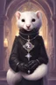 Placeholder: (anthropomorphic white ferret),dressed in ((cleric fantasy)) black clothes with silver holy ornaments, realistic anatomy, posing, cute face, fantasy inspire, fantasy church on background with warm sunshine lighty from behind, gloomy atmosphere, (((high angle shot))), purple armband, The holy icon style, RTX, praying, close eyes