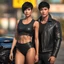 Placeholder: An extremely muscular young man with pixie-cut black hair, wearing a black leather jacket and pants, standing next to a beautiful woman with black hair who is wearing a black two-piece bathing suit with a perfect shaped body, and a perfect face, 4k, 8k, 32k UHD, Hyper realistic, extremely colorful, vibrant, photorealistic, realistic, sharp, highly detailed, professional quality, beautiful, awesome, majestic, superb, trending on artstation, pleasing, lovely, Cinematic,