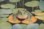 Placeholder: color pencil drawing of a frog on a lily pad in a lush forest with greens, blues, yellows, and orange