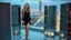 Placeholder: very beautiful model lady with makeup and beautiful modern fashion mini dress velvet dark silver lace skirt with lace edges and modern loose lace top with a loose over, curvy silver long hair, standing in a modern city open satge cubic mirrors(each with 4 equal hight and equal width, vertical mirror), each vertical on its own short rotating base. with some small lights on crystal frames, on roof of a skyscraper with city escape at background, with animating dynamic lights with high