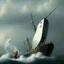 Placeholder: Portrait of fisherman throws harpoon at a big white whale from an old fishing boat, 8k, detalied