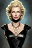 Placeholder: painting of charlize theron as evil queen in black leather, feminie, angry, stern look on her face, volouptous, busty, cleavage, emperious, mature, highly detailed, digital painting, artstation, concept art, smooth, sharp focus, illustration, art by gaston bussiere and alphonse mucha