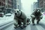 Placeholder: irradiated cybernetic polar bear mutant creatures in harnesses pulling a sled carrying a man dressed in steampunk snow goggles, head-wrapping, and heavy robes; middle of a street in an empty destroyed crumbling city, post-apocalyptic winter dystopia,, massive snow drifts, ice particles, dramatic